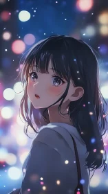 Anime girl under night city lights with soft bokeh glow.