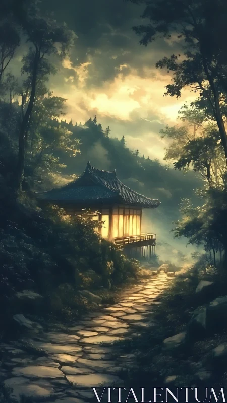 Mountain teahouse glows against misty forest at golden hour