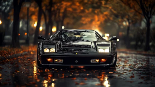 Black supercar on wet autumn street under glowing lights.