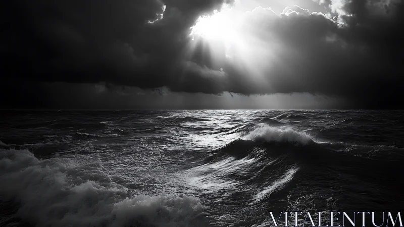 High-contrast storm sea under radial crepuscular daylight beams.