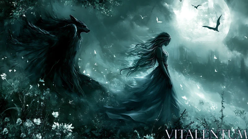 Moonlit guardian walks beside a lone girl in misty magic