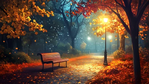Lamplit leaves cradle a quiet bench in glowing autumn fog