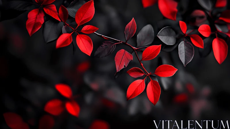 Crimson foliage branch with deep black bokeh background.