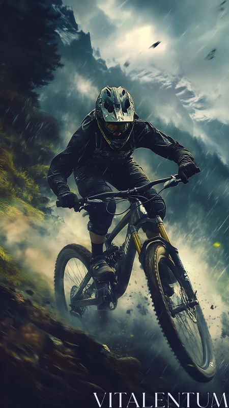 Mountain biker descends a wet, steep trail in rain