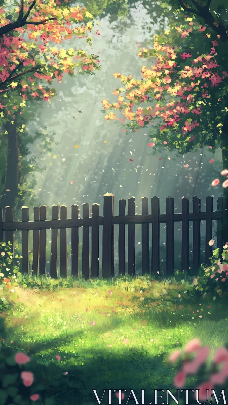 Sunlit garden fence under blooming spring canopy.