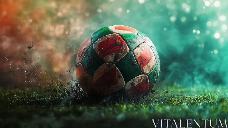 Weathered soccer ball on misty field with dynamic lighting.