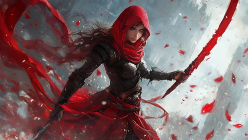 Red-clad armored figure holds curved sword amid dynamic debris
