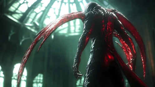 Bloodlit winged entity beneath shattered cathedral dome.