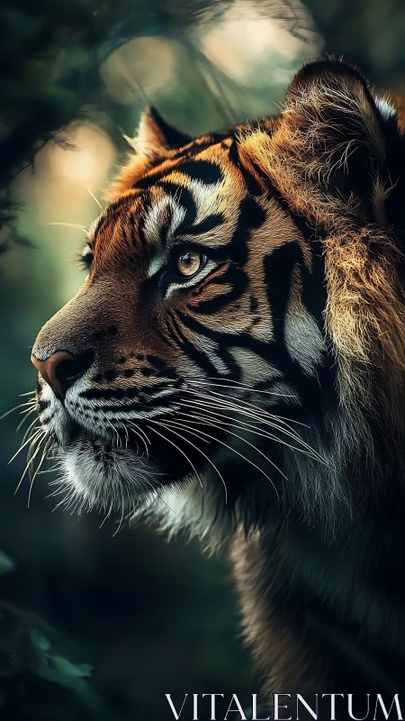 Forest ember tiger gazes through dusk-kissed shadows.