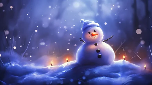 Smiling snowman glows beside candles in soft winter night