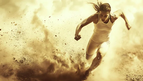Determined female sprinter charges forward through swirling dust