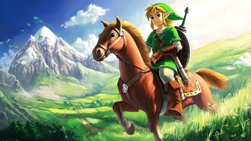 Heroic elf rider on chestnut horse in luminous alpine valley