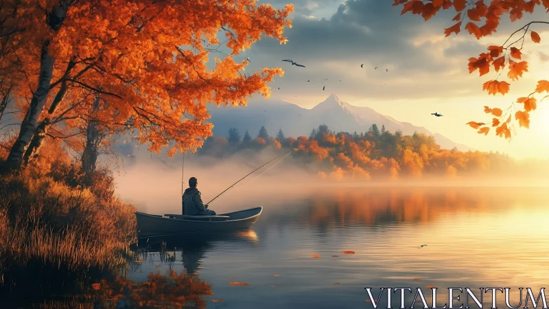 Solitary angler adrift beneath ember-bright autumn canopy.