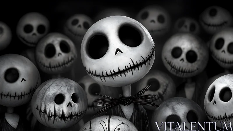 Cluster of stylized skull-headed figures in monochrome crowd.