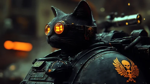Armored cyberpunk cat warrior with glowing tactical goggles.
