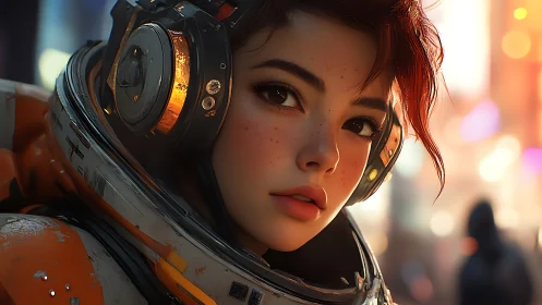 Young space explorer pausing in a neon city glow.