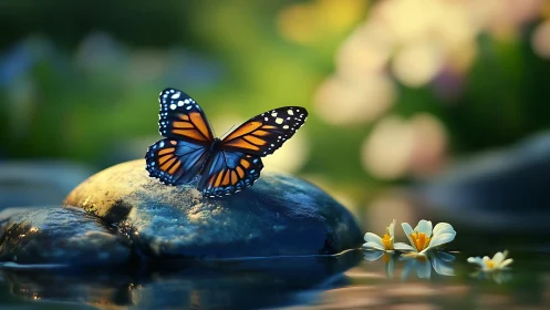 Monarch butterfly on wet stone in dreamy garden setting, soft focus.
