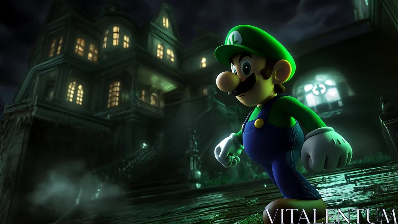 Nervy green hero stalks a misty neon haunted mansion night.