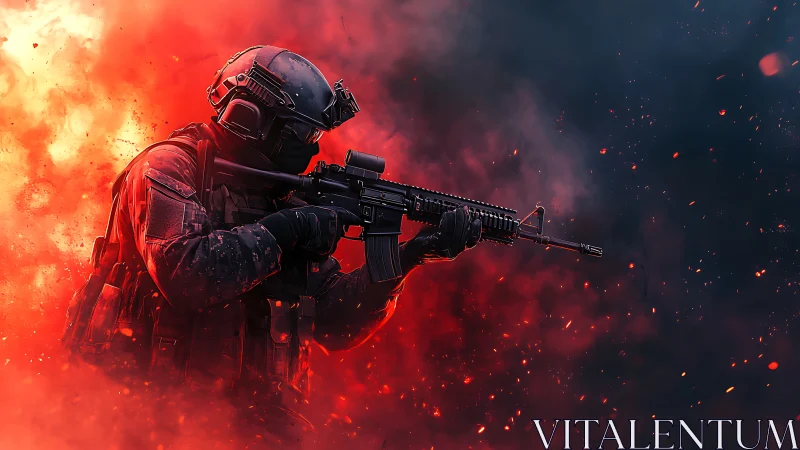 Armored soldier advances through explosive red battlefield.