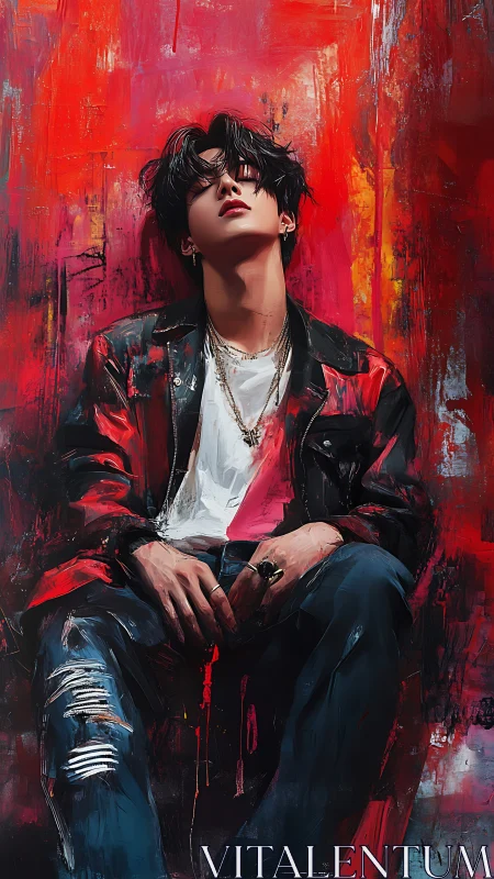 Brooding youth framed by fiery abstract crimson textures.