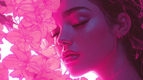 Neon pink portrait merges serene woman with orchid bloom field.