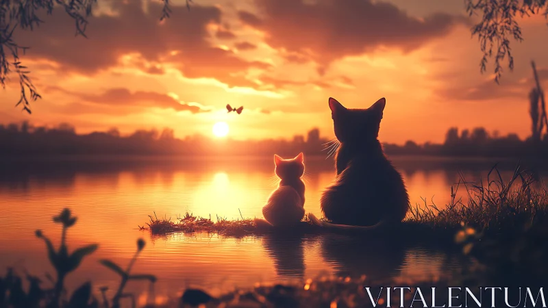 Two Felines Contemplate Sunset's Glow Over Still Water