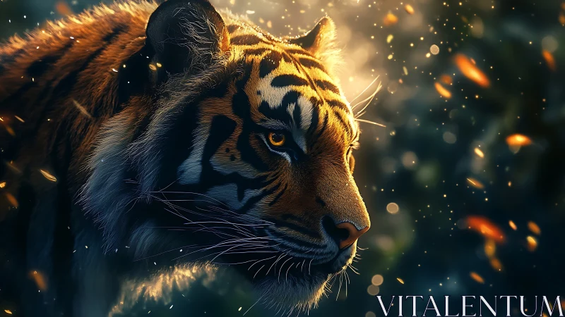 Tiger profile glows in dusk light with drifting embers