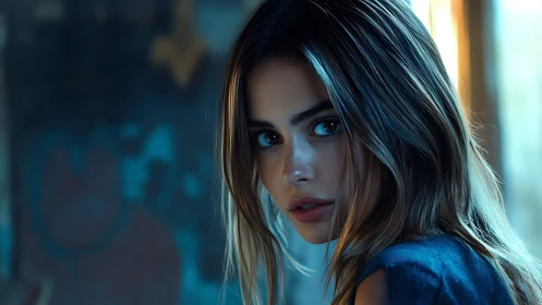 Portrait of young woman in cool cinematic lighting.