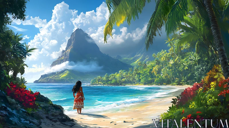 Woman Standing on Tropical Beach with Mountain Peak Behind