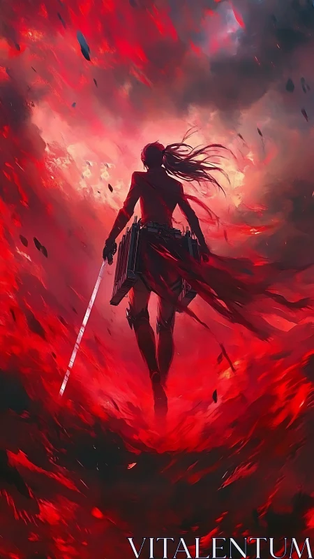 Sword-bearing warrior strides through a storm of crimson fire.