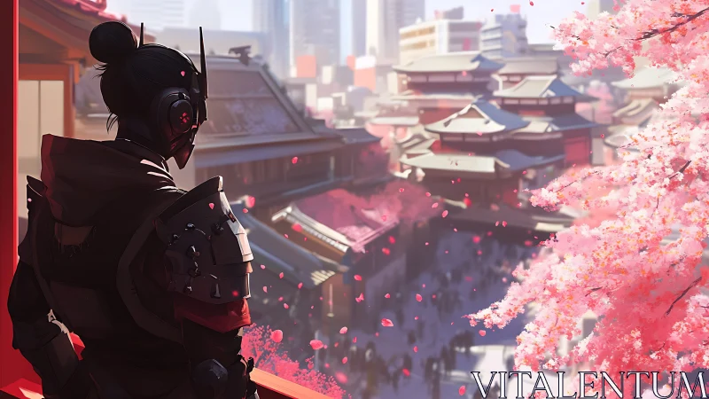Cyber ronin watching cherry blossoms above neon temple streets.