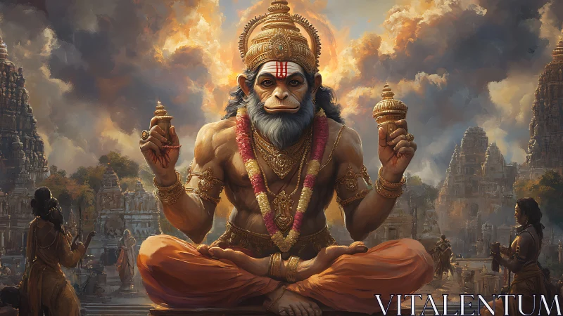 Hanuman deity seated in temple courtyard with offerings.