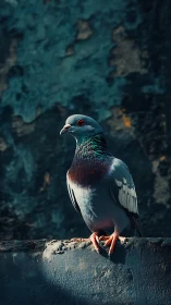 Iridescent Pigeon Perched on Weathered Stone Surface.