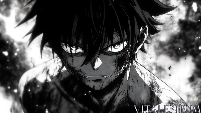 Battle-scarred anime hero rising from swirling shadows.