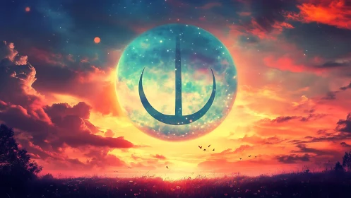 Cosmic emblem rising within glowing fantasy sunset sky.