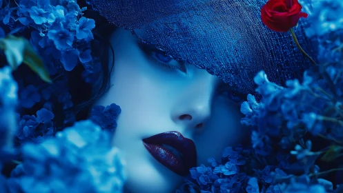 Female face in blue-toned florals with red rose accent hat.