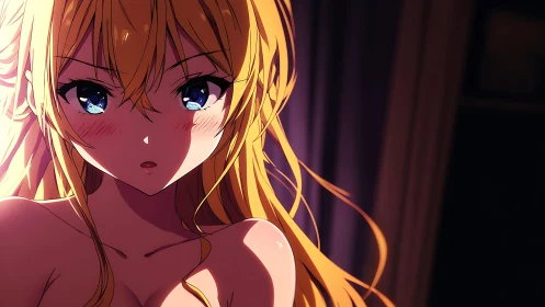 Blonde anime girl with intense gaze in soft lighting.