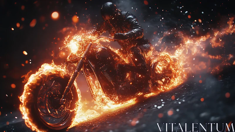 Flaming motorcycle rider rendered in dynamic photorealistic detail