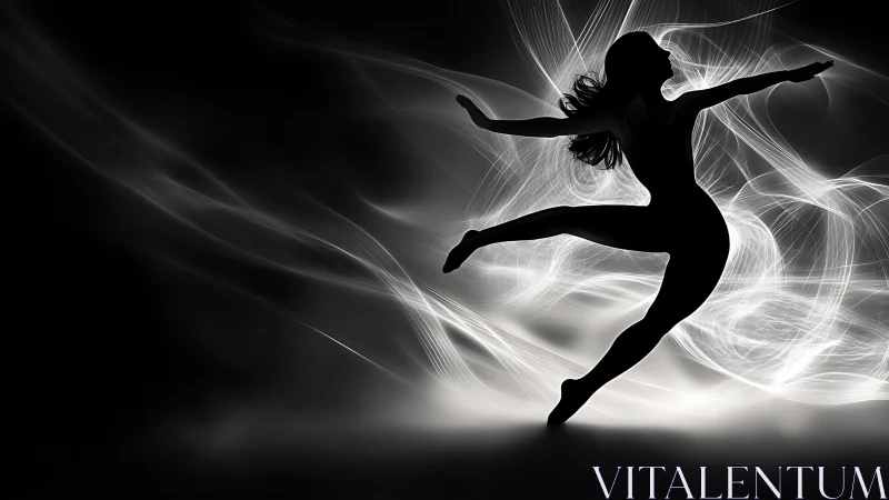 Graceful dancer leaping through swirling light and shadow.