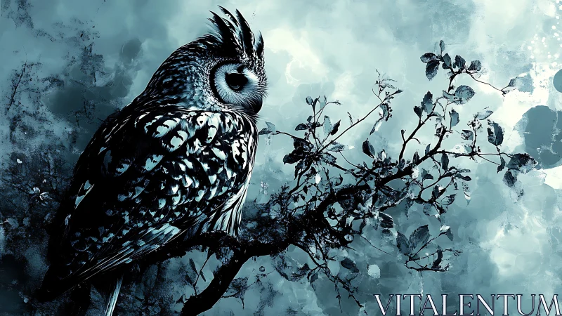 Majestic owl perched on branch in moody watercolor painting.