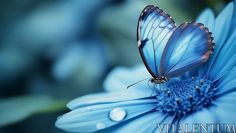 Blue butterfly on monochrome flower in close-up view.