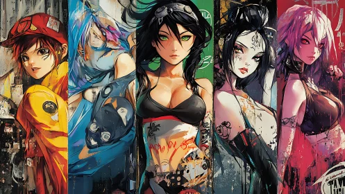 Neon heroines assembled in graffiti-slashed anime cityscape.