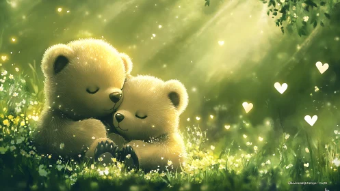 Two Polar Bear Cubs in Wildflower Meadow with Ethereal Golden Lighting.