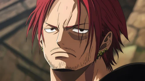 Red haired anime pirate glares with stern determined focus