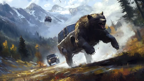 Mountain storm erupts as a colossal bear outruns roaring jeeps