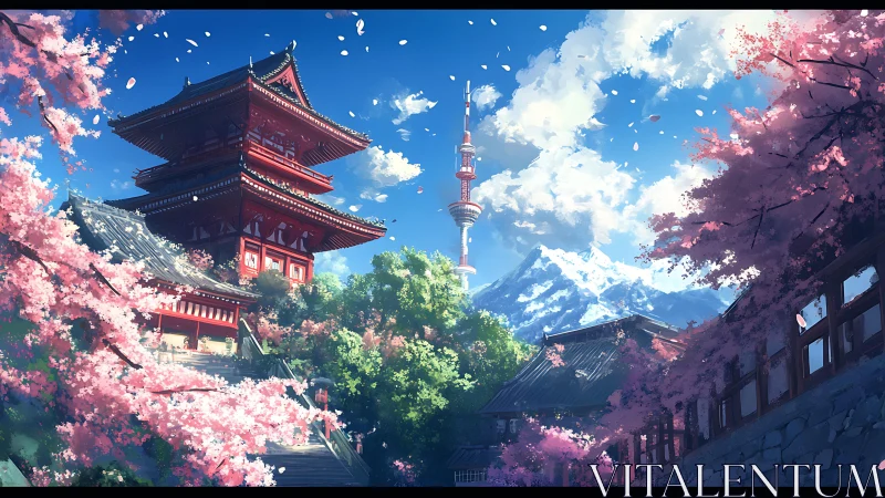 Spring pagoda courtyard with cherry blossoms and distant radio tower