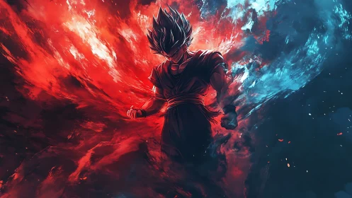 Energy warrior commands red and blue cosmic storm field.