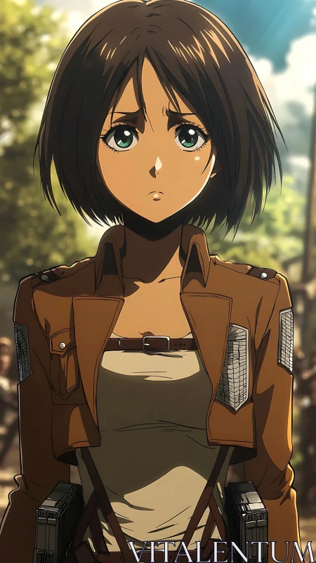 Stoic anime cadet in tactical harness under warm sunlight.