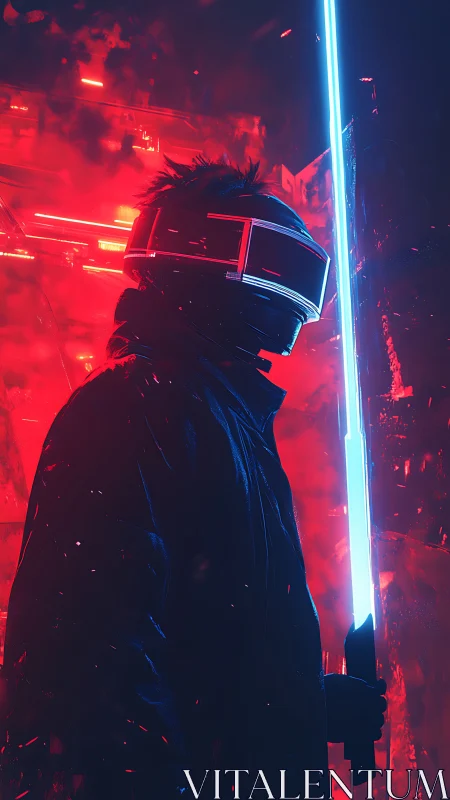 Neon dusk sentinel with blazing blue plasma blade stance.