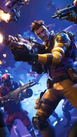 Stylized sci fi squad with energy rifles in neon combat zone